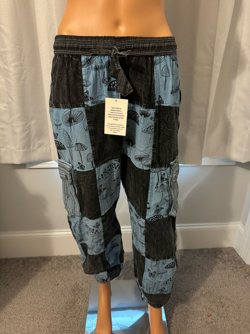 Cool Rising International size S blue gray patchwork mushroom print cargo jogger